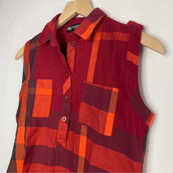 Burberry London Red Henley Plaid Sleeveless Rounded Hem Blouse Small - Picture 3 of 4